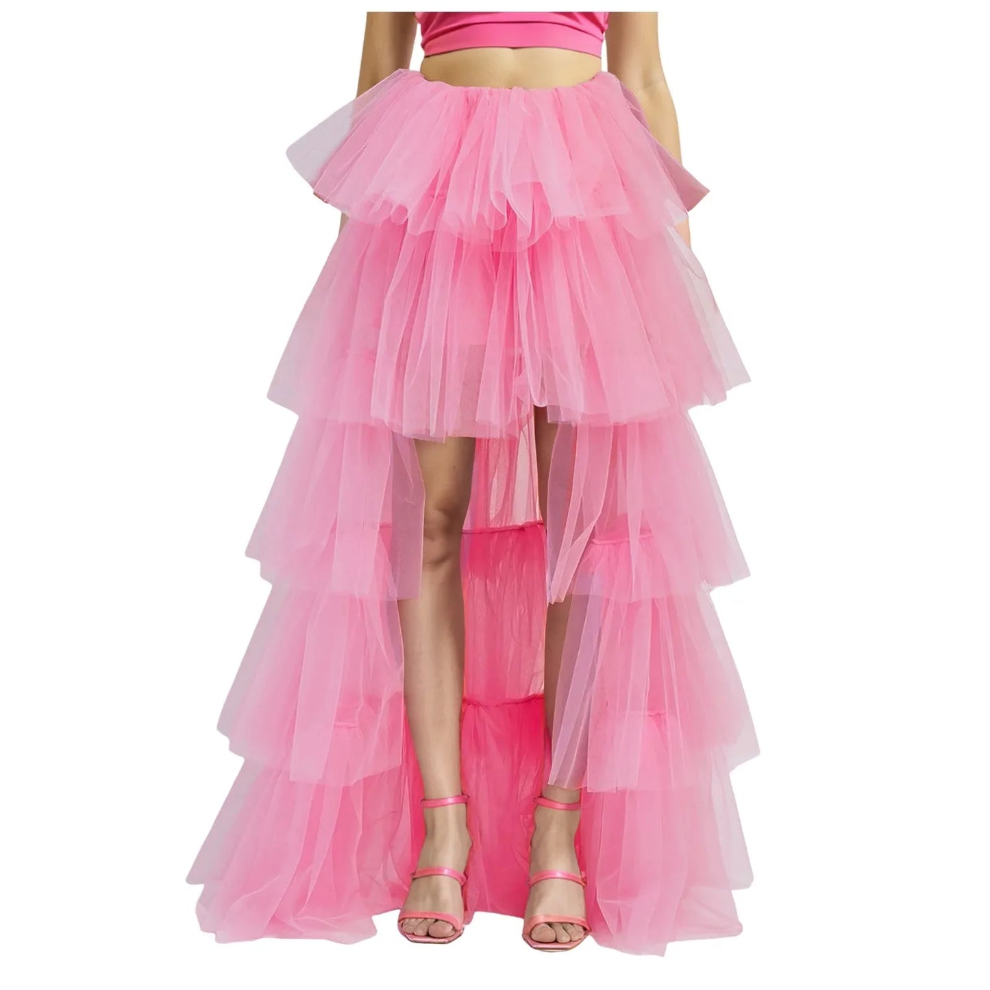 Robe en Tulle Rose Candy – Coupe Asymétrique Longue de Soirée
