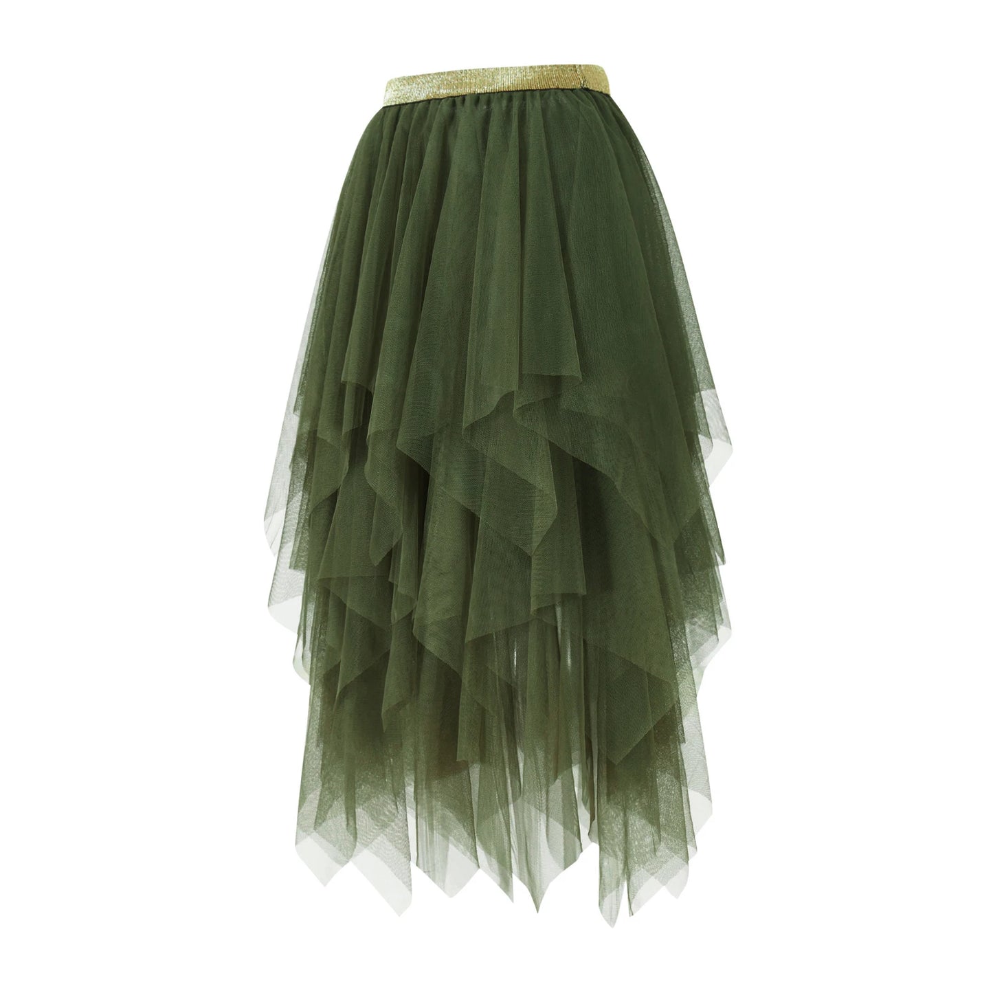 Jupe en Tulle Vert Sapin Étagée – Coupe Longue Asymétrique