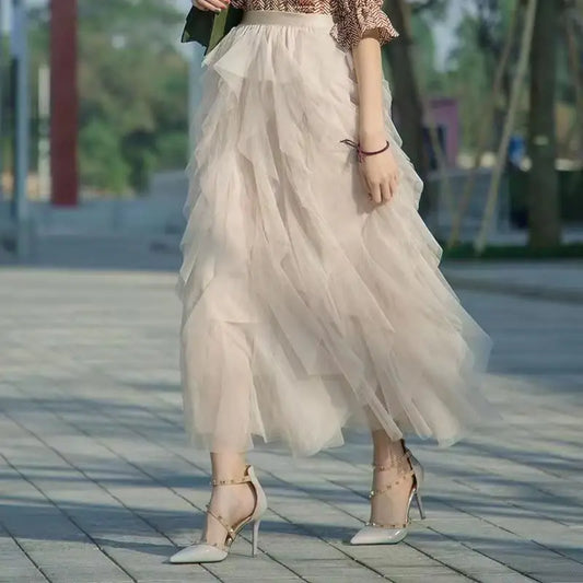 Jupe en Tulle Beige Sable Longue – Style Décontracté et Élégant